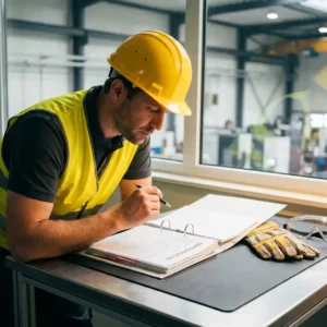 Sicherheitsfachkraft mit Schutzhelm und Warnweste prüft Zertifizierungsordner am Industriearbeitsplatz, Fabrikhalle im Hintergrund.