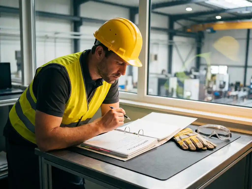 Sicherheitsfachkraft mit Schutzhelm und Warnweste prüft Zertifizierungsordner am Industriearbeitsplatz, Fabrikhalle im Hintergrund.