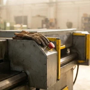 Abgenutzter Lederhandschuh auf gelbem Schutzgehäuse einer Industriemaschine mit Notaus-Knopf in sauberer Fabrikhalle.