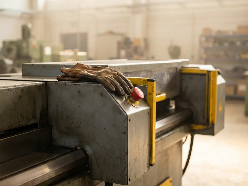 Abgenutzter Lederhandschuh auf gelbem Schutzgehäuse einer Industriemaschine mit Notaus-Knopf in sauberer Fabrikhalle.