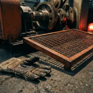 Abgenutzter Arbeitshandschuh neben ungesicherter Maschinenabdeckung auf Fabrikboden, rotes Warmlicht beleuchtet freiliegende Metallteile.