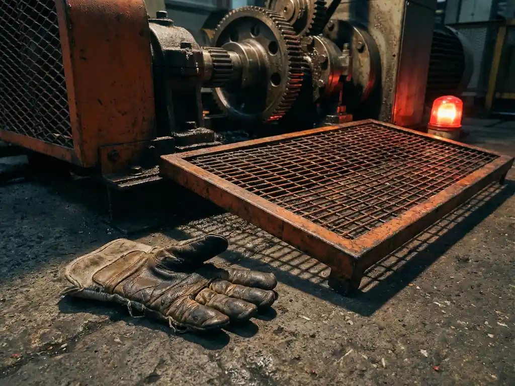 Abgenutzter Arbeitshandschuh neben ungesicherter Maschinenabdeckung auf Fabrikboden, rotes Warmlicht beleuchtet freiliegende Metallteile.