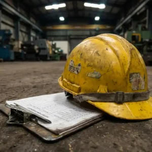 Abgenutzter gelber Schutzhelm auf Klemmbrett mit Prüfliste, auf Betonboden einer Produktionshalle.
