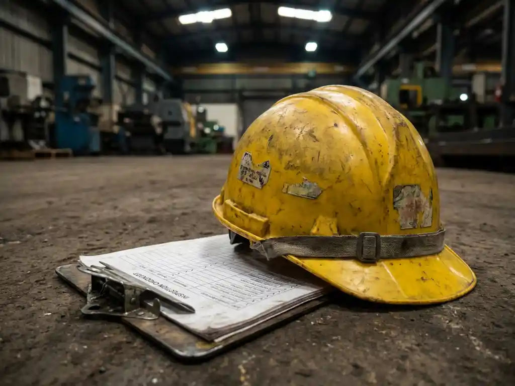 Abgenutzter gelber Schutzhelm auf Klemmbrett mit Prüfliste, auf Betonboden einer Produktionshalle.