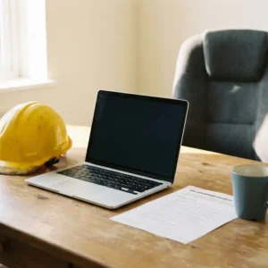 Heimarbeit-Schreibtisch mit gelbem Schutzhelm, Laptop und ausgedruckter Gefährdungsbeurteilung im warmen Tageslicht.