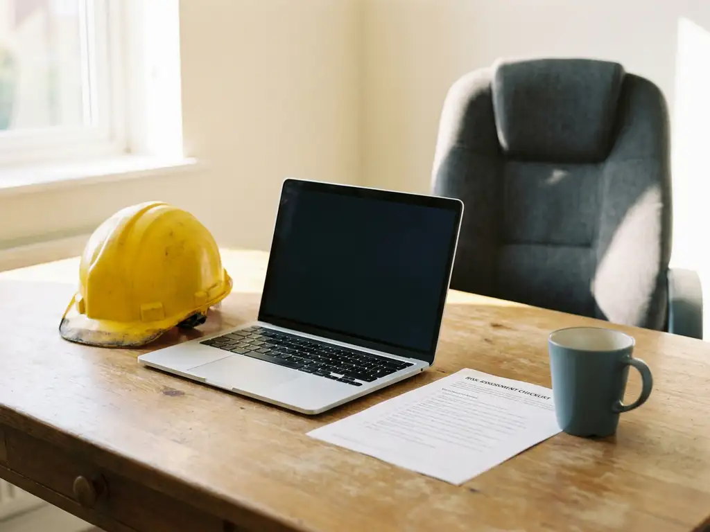 Heimarbeit-Schreibtisch mit gelbem Schutzhelm, Laptop und ausgedruckter Gefährdungsbeurteilung im warmen Tageslicht.