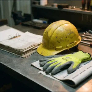 Abgenutzter Schutzhelm und neue Schutzhandschuhe auf Stahlwerkbank neben aufgeschlagenem Regelwerk, Kalenderseite 2026 darunter.