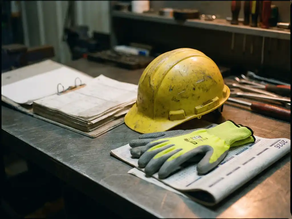 Abgenutzter Schutzhelm und neue Schutzhandschuhe auf Stahlwerkbank neben aufgeschlagenem Regelwerk, Kalenderseite 2026 darunter.