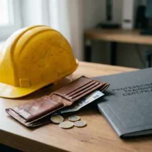 Geöffnete Ledergeldbörse mit Euro-Münzen und Scheinen neben gelbem Schutzhelm und Schulungszertifikat auf einem Schreibtisch.