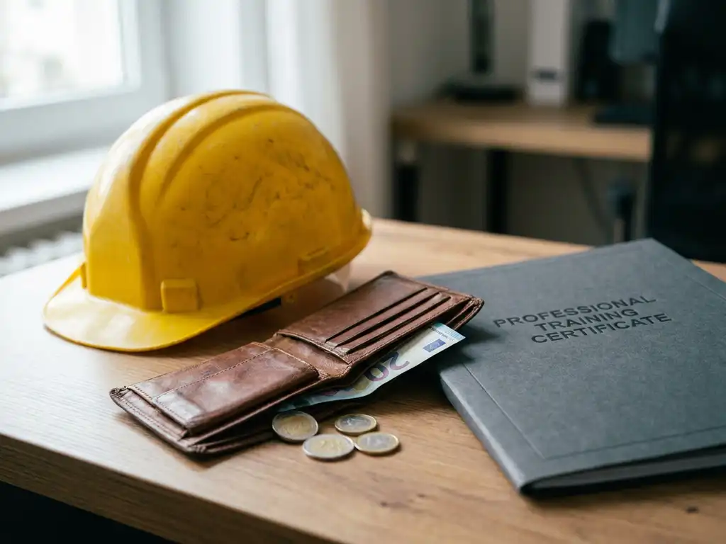 Geöffnete Ledergeldbörse mit Euro-Münzen und Scheinen neben gelbem Schutzhelm und Schulungszertifikat auf einem Schreibtisch.