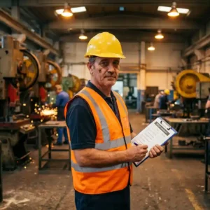 Werksleiter mit Schutzhelm und Warnweste prüft Sicherheitscheckliste auf Klemmbrett in aktiver Industriehalle.