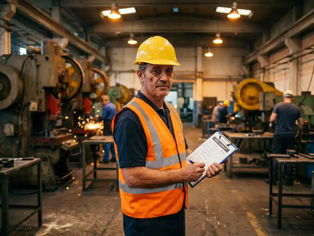 Werksleiter mit Schutzhelm und Warnweste prüft Sicherheitscheckliste auf Klemmbrett in aktiver Industriehalle.