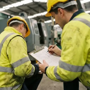 Sicherheitsbeauftragter in Warnweste kniet auf Fabrikboden und prüft Inspektionscheckliste auf Klemmbrett, Industriemaschinen im Hintergrund.