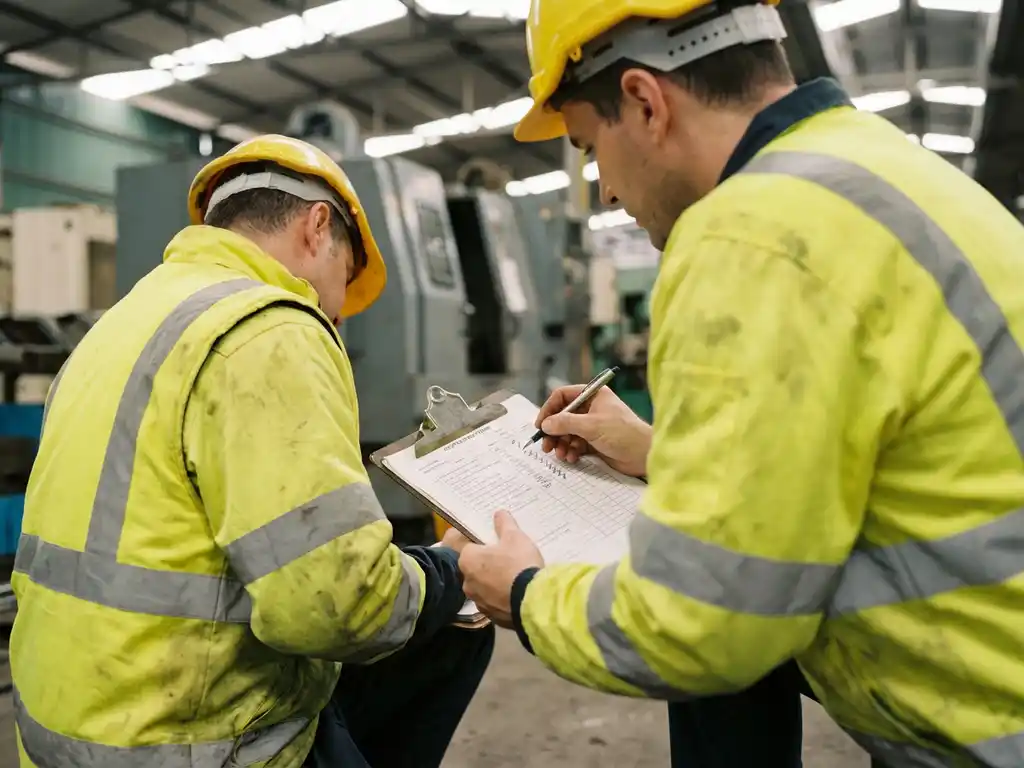 Sicherheitsbeauftragter in Warnweste kniet auf Fabrikboden und prüft Inspektionscheckliste auf Klemmbrett, Industriemaschinen im Hintergrund.