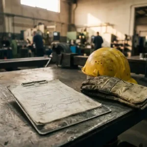 Abgenutztes Sicherheitsprüf-Klemmbrett mit unterzeichnetem Dokument auf Stahlwerkbank, gelber Schutzhelm und Arbeitshandschuhe daneben, Fabrikhalle im Hintergrund.