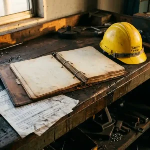 Aufgeschlagener Leder-Aktenordner mit Sicherheitsprüfdokumenten und gelbem Schutzhelm auf einer Werkbank.