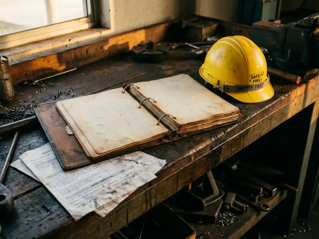 Aufgeschlagener Leder-Aktenordner mit Sicherheitsprüfdokumenten und gelbem Schutzhelm auf einer Werkbank.
