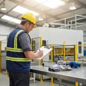 Sicherheitsbeauftragter mit Schutzhelm und Warnweste prüft Klemmbrett-Checkliste neben Schutzausrüstung in einer Industriehalle.