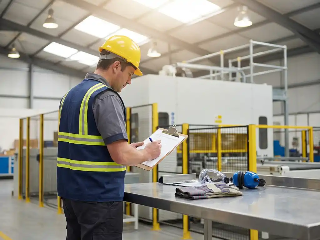Sicherheitsbeauftragter mit Schutzhelm und Warnweste prüft Klemmbrett-Checkliste neben Schutzausrüstung in einer Industriehalle.