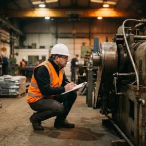 Sicherheitsberater in Warnweste und Schutzhelm inspiziert Industriemaschinen in einer Fabrikhalle mit Klemmbrett in der Hand.