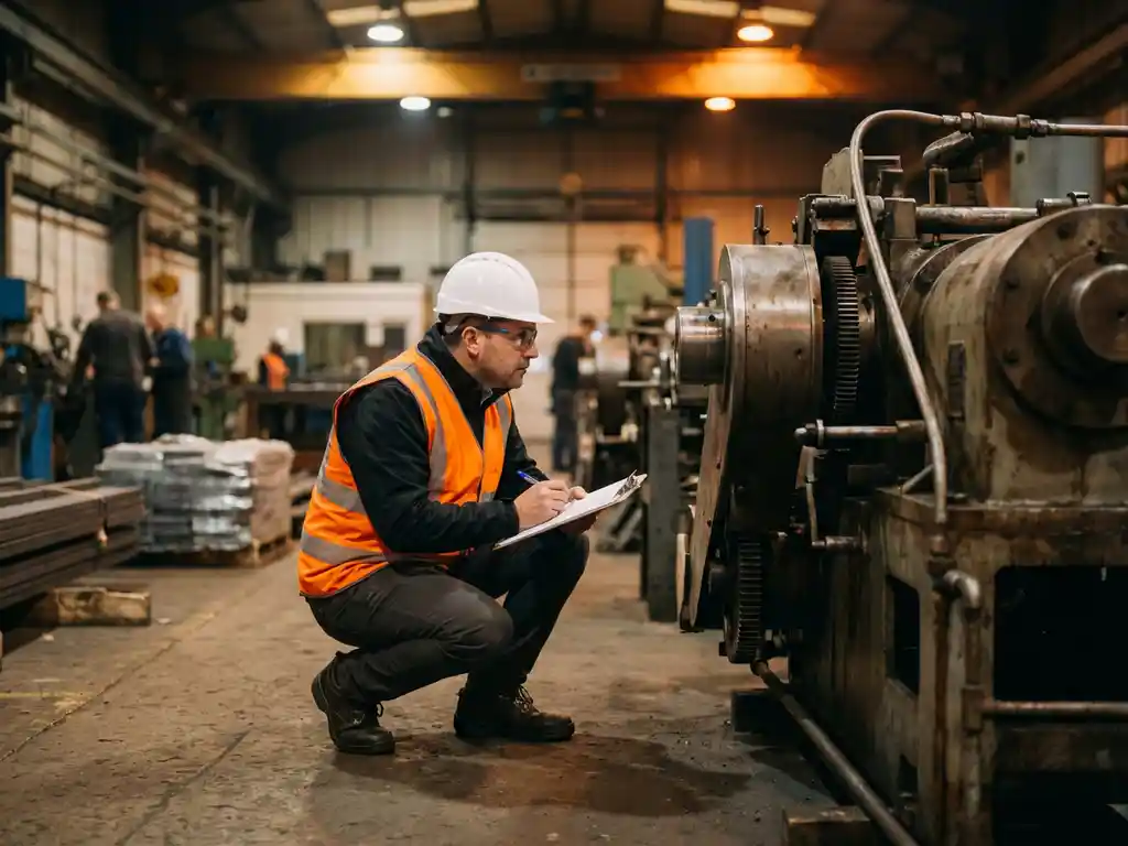 Sicherheitsberater in Warnweste und Schutzhelm inspiziert Industriemaschinen in einer Fabrikhalle mit Klemmbrett in der Hand.
