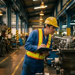 Sicherheitsbeauftragter mit Schutzhelm und Warnweste inspiziert Maschinen in einer Industriehalle mit Klemmbrett in der Hand.