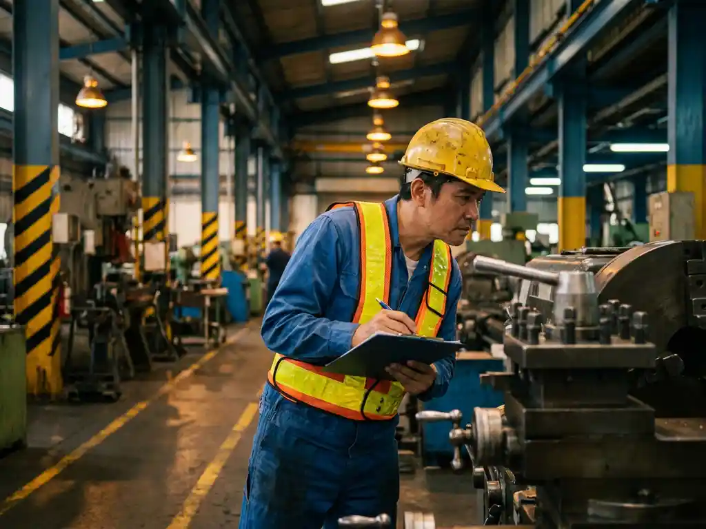 Sicherheitsbeauftragter mit Schutzhelm und Warnweste inspiziert Maschinen in einer Industriehalle mit Klemmbrett in der Hand.