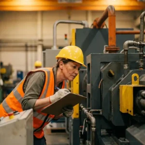 Sicherheitsfachkraft mit Schutzhelm und Warnweste inspiziert Maschinen in einer Industriehalle mit Klemmbrett in der Hand.