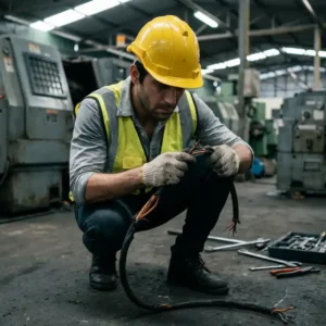 Sicherheitsberater mit Schutzhelm inspiziert beschädigtes Elektrokabel auf Fabrikboden, Maschinen und Werkzeug im Hintergrund.