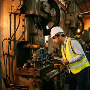 Sicherheitsbeauftragter mit Schutzhelm und Warnweste prüft Industriemaschine in Fabrikhalle, Klemmbrett in der Hand.