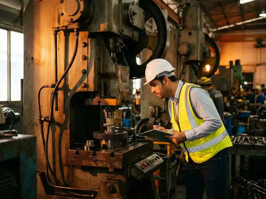 Sicherheitsbeauftragter mit Schutzhelm und Warnweste prüft Industriemaschine in Fabrikhalle, Klemmbrett in der Hand.