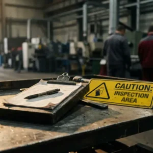 Klemmbrett mit Inspektionscheckliste auf Werkbank neben gelbem Warnschild, Fabrikhalle im Hintergrund unscharf.