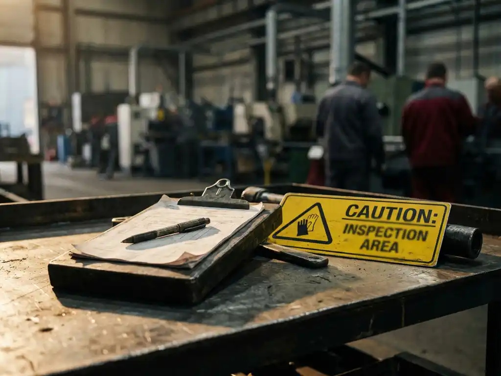 Klemmbrett mit Inspektionscheckliste auf Werkbank neben gelbem Warnschild, Fabrikhalle im Hintergrund unscharf.