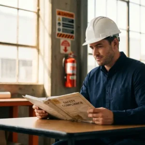 Manager mit Schutzhelm prüft Sicherheits-Compliance-Ordner in moderner Industrieanlage, Feuerlöscher im Hintergrund.