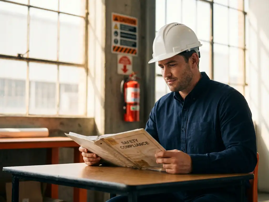 Manager mit Schutzhelm prüft Sicherheits-Compliance-Ordner in moderner Industrieanlage, Feuerlöscher im Hintergrund.