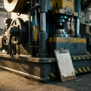 Industriemaschine mit freiliegenden Bauteilen auf Fabrikboden, Sicherheitsprüf-Klemmbrett und gelbe Gefahrmarkierungen sichtbar.