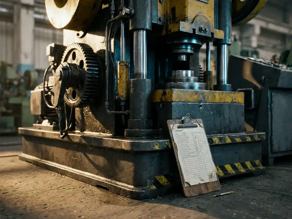Industriemaschine mit freiliegenden Bauteilen auf Fabrikboden, Sicherheitsprüf-Klemmbrett und gelbe Gefahrmarkierungen sichtbar.
