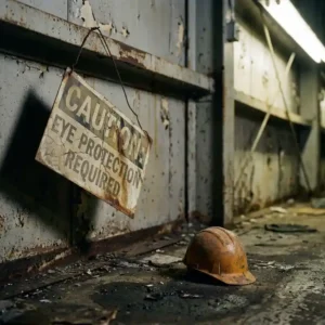 Verwittertes Sicherheitshinweisschild an Industriewand, darunter ein achtlos abgelegter Schutzhelm auf Betonboden.