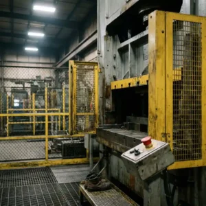 Industriemaschine mit Sicherheitsverkleidung und rotem Not-Aus-Schalter auf Stahlgitterrost in einer Fabrikhalle.