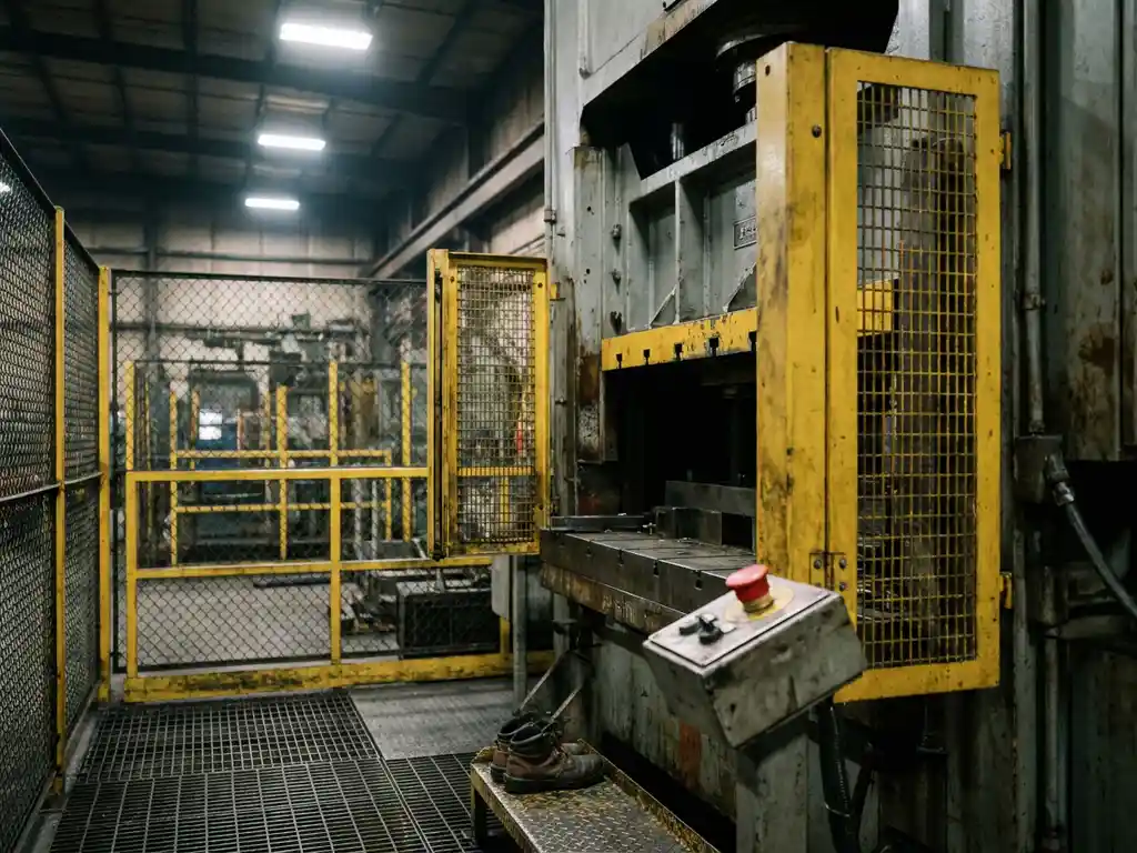 Industriemaschine mit Sicherheitsverkleidung und rotem Not-Aus-Schalter auf Stahlgitterrost in einer Fabrikhalle.