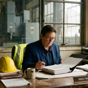 Sicherheitsfachkraft in Berufskleidung prüft Compliance-Handbuch an Industriearbeitsplatz, Schutzhelm und Warnweste im Vordergrund.
