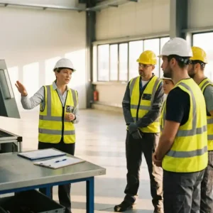 Sicherheitsbeauftragter erklärt Industriearbeitern in Warnwesten und Schutzhelmen Inspektionsunterlagen in einer Fabrikhalle.