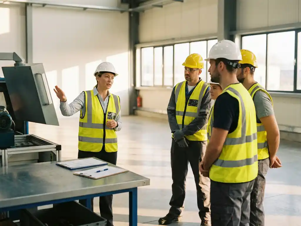 Sicherheitsbeauftragter erklärt Industriearbeitern in Warnwesten und Schutzhelmen Inspektionsunterlagen in einer Fabrikhalle.