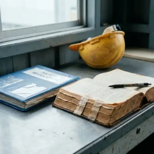 Aufgeschlagenes Gesetzbuch und Sicherheitsvorschriften-Ordner auf Industrieschreibtisch, gelber Schutzhelm und Stift im Hintergrund.