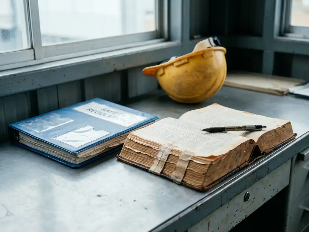 Aufgeschlagenes Gesetzbuch und Sicherheitsvorschriften-Ordner auf Industrieschreibtisch, gelber Schutzhelm und Stift im Hintergrund.