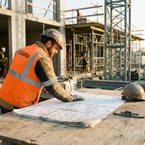 SiGeKo-Koordinator in Warnweste prüft Baupläne auf Baustelle, Gerüst und Betonrohbau im Hintergrund.