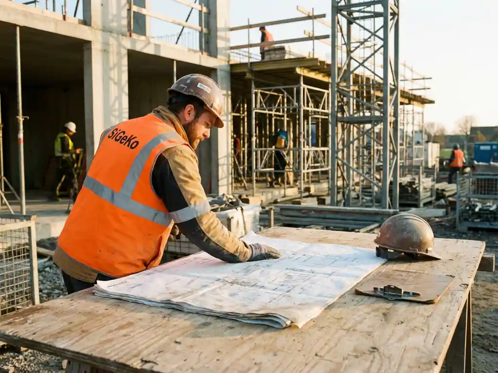 SiGeKo-Koordinator in Warnweste prüft Baupläne auf Baustelle, Gerüst und Betonrohbau im Hintergrund.