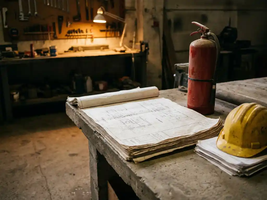 Architektur-Grundriss auf Betonschreibtisch mit rotem Feuerlöscher und gelbem Schutzhelm in industrieller Arbeitsumgebung.