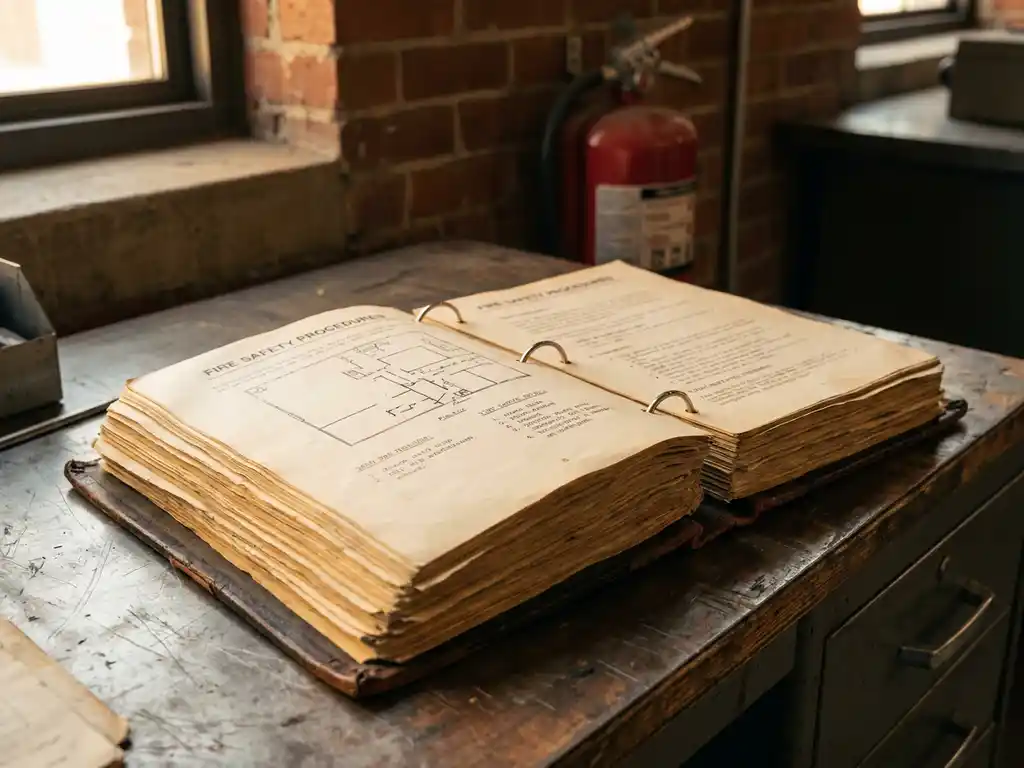 Aufgeschlagenes Brandschutz-Handbuch auf verwittertem Industrietisch mit rotem Feuerlöscher im Hintergrund.