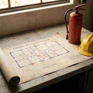 Feuerwehr-Evakuierungsplan als Blaupause auf Industrietisch, daneben roter Feuerlöscher und gelber Schutzhelm.